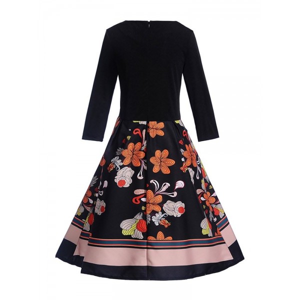 Floral Print Long Sleeve Skater Dress